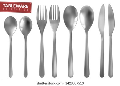 Tableware set. Realistic style. Isolated items on white background forks spoons knives on both sides. Vector