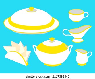 Camión con salsa de vajilla, jugo de crema, cuenco de sopa, taza, tenedor de servilleta, tazón para la cubierta alimenticia