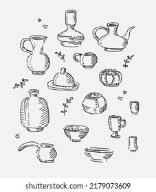 Tableware set. Sketch of teapot, mug, jug, utensil.  