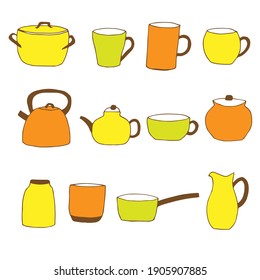 Juego de vajilla, ilustración vectorial, macetas, tazas y teteras, amarillo, naranja, verde y marrón