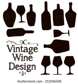 tableware, shape wine bottles, glasses, vases caricatured in antique style with grunge texture - set of retro silhouettes, hand drawn vector illustration