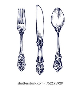 Tableware silverware vintage spoon, fork and knife elegant hand drawn sketch stock vector illustration isolated on white background