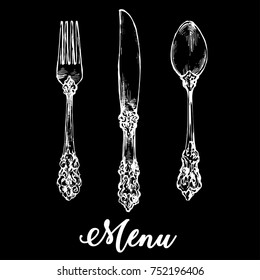 Tableware silverware vintage spoon, fork and knife hand drawn sketch stock vector illustration chalk on blackboard
