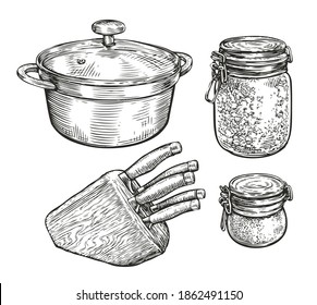 Tableware sketch. Cooking, food concept vintage vector illustration