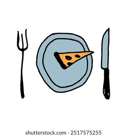talheres e uma fatia de pizza em um prato sobre fundo transparente. Estilo de design infantil ingênuo doodle, arte vetorial desenhada à mão. vista de cima para baixo