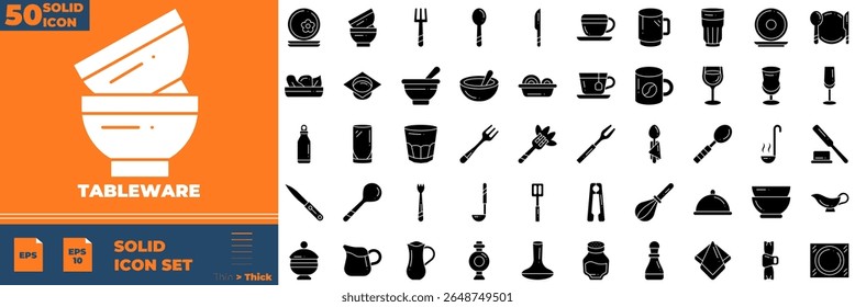 Tableware Solid Editable Icons set. Vector illustration in modern thin solid style of tableware icons: fork, knife, spoon, etc