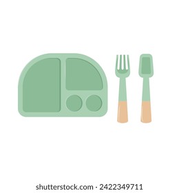 Vajilla con cuchara y tenedor. Plata con cubiertos. Plato de silicona vacío. Ilustración plana vectorial.