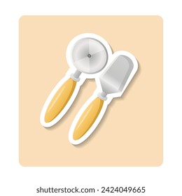 Ilustración de emoticones de vajilla. Espátula de cocina, cuchillo de pizza, manija, acero. Diseño gráfico vectorial editable.