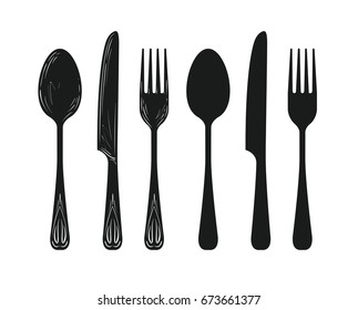 Artículos de mesa como cuchara, cuchillo, silueta de tenedor. Cocina, cocina, icono o símbolo de cocina. Dibujo vectorial de esbozo