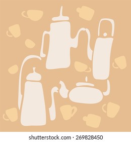 Tableware for tea and coffee. coffee pot and tea pot. Cups for tea and coffee. Set for tea ceremony. Advertising banner. Print.
