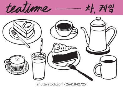 tableware, teatime, coffee break, tea break, coffee, drink, beverage, cake, piece of cake, fork, plate, dish, line illustration