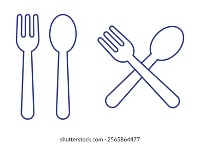 Tableware thin line icon set of fork, knife, spoon. Logotype menu. Cutlery and crockery sign. Flat style eating utensils symbol collection. Vector illustration