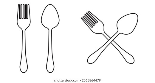 Tableware thin line icon set of fork, knife, spoon. Logotype menu. Cutlery and crockery sign. Flat style eating utensils symbol collection. Vector illustration