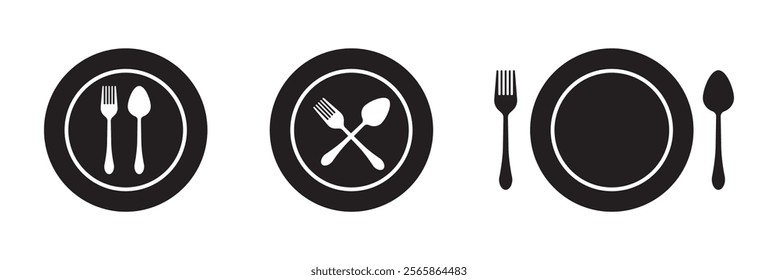 Tableware thin line icon set of fork, knife, spoon. Logotype menu. Cutlery and crockery sign. Flat style eating utensils symbol collection. Vector illustration