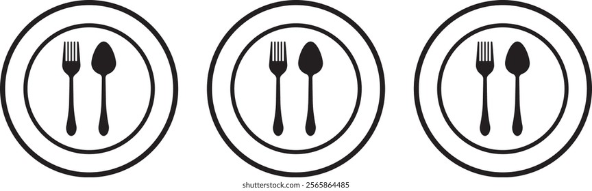 Tableware thin line icon set of fork, knife, spoon. Logotype menu. Cutlery and crockery sign. Flat style eating utensils symbol collection. Vector illustration