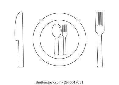 Tableware thin line icon set of fork, knife, spoon. cutlery knife, spoon and plate icons.