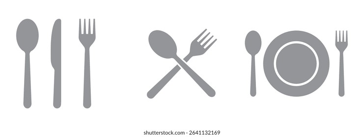 Tableware thin line icon set of fork, knife, spoon. Logotype menu. Cutlery and crockery sign. Flat style eating utensils symbol collection. Cutlery icon. restaurant business concept eps 10