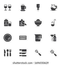 Tableware vector icons set, modern solid symbol collection, Kitchen utensils filled style pictogram pack. Signs logo illustration. Set includes icons as  cutting board, spoon knife fork cutlery, plate