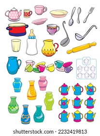 Tableware. Vector illustration for children. Black outline.