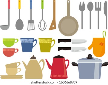 Tableware vector illustration . Knife, spoon, kitchenware, Pot