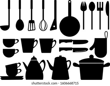 Tableware vector illustration . Knife, spoon, kitchenware, Pot