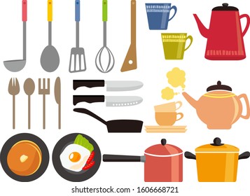 Tableware vector illustration . Knife, spoon, kitchenware, Pot