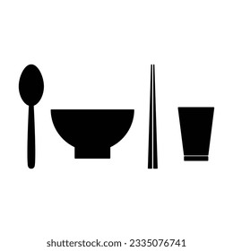 Tableware vector illustration on white background. Bowl, chopsticks, spoon, glass icon. Restaurant dining and eating utensils. Dark shape silhouette.