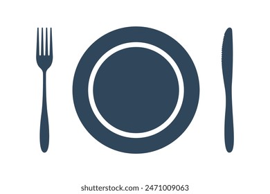 Tableware vector illustration on white background. Fork, knife, plate, wine glass icon. Restaurant dining and eating utensils. Dark shape silhouette.