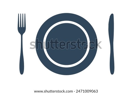 Tableware vector illustration on white background. Fork, knife, plate, wine glass icon. Restaurant dining and eating utensils. Dark shape silhouette.