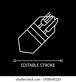 Tableware white linear icon for dark theme. Cutlery for food serving. Kitchen appliance. Thin line customizable illustration. Isolated vector contour symbol for night mode. Editable stroke
