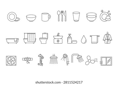Tablewares and bath products icon set, compound path line vector  isolated element