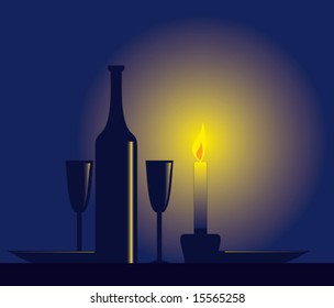 Tablewares for a supper for two, put on a table near to a burning candle