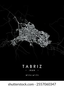 Tabriz vector print map in dark theme. Detailed map of Tabriz in Iran. Best free vector illustration. Tourist decorative minimalist street map.