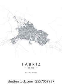 Tabriz vector print map. Detailed map of Tabriz in Iran. Best free vector illustration. Tourist decorative minimalist street map.