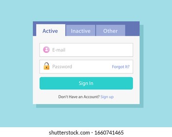 Tabs ui design or tabbed menu website form window vector flat style, illustrated web navigation interface element bar or box blue color