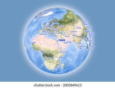 Tabuk-Saudi Arabia is shown on vector globe map. The map shows Tabuk-Saudi Arabia 's location in the world.