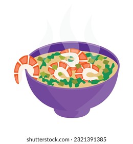 Tacaca soup. Jambu and tukupi, boiled tapioca starch, and shrimp. Vector graphic.