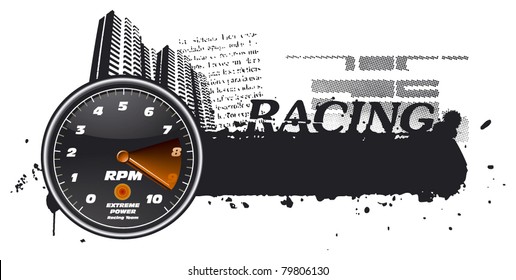 tachometer with city and grunge banner