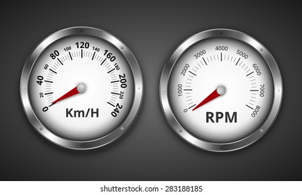Tachometer graduated to 8000 rpm and speedometer up to 240 km/h retro vintage boat or car  gauges. Vector illustration