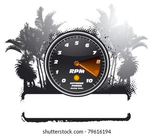 tachometer with grunge banner and summer background