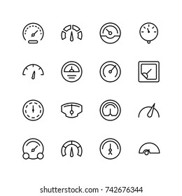 Tachometer icon set. Collection of high quality outline speedometer pictograms in modern flat style. Black speed symbol for web design and mobile app on white background. Internetline logo.