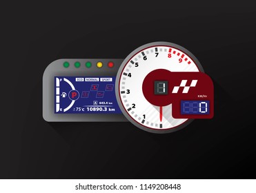 Tachometer racing and speedometer with LCD display digital backlight isolated on a black color background,vector illustration design,eps10. 