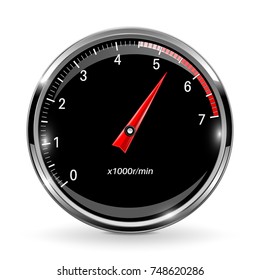 Tachometer. Round black gage with chrome frame. Vector 3d illustration isolated on white background
