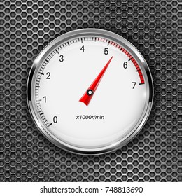 Tachometer. Round gage with chrome frame on metal perforated background. Vector 3d illustration