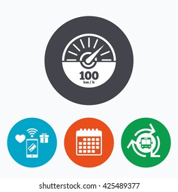 Tachometer sign icon. 100 km per hour revolution-counter symbol. Car speedometer performance. Mobile payments, calendar and wifi icons. Bus shuttle.