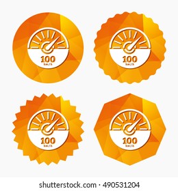 Tachometer sign icon. 100 km per hour revolution-counter symbol. Car speedometer performance. Triangular low poly buttons with flat icon. Vector