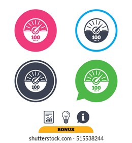 Tachometer sign icon. 100 km per hour revolution-counter symbol. Car speedometer performance. Report document, information sign and light bulb icons. Vector