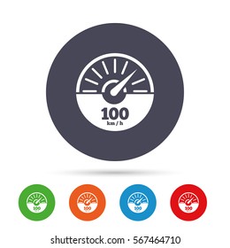 Tachometer sign icon. 100 km per hour revolution-counter symbol. Car speedometer performance. Round colourful buttons with flat icons. Vector