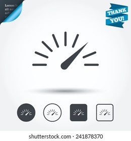 Tachometer sign icon. Revolution-counter symbol. Car speedometer performance. Circle and square buttons. Flat design set. Thank you ribbon. Vector
