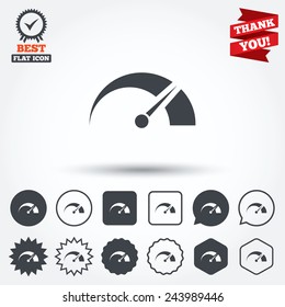 Tachometer sign icon. Revolution-counter symbol. Car speedometer performance. Circle, star, speech bubble and square buttons. Award medal with check mark. Thank you. Vector